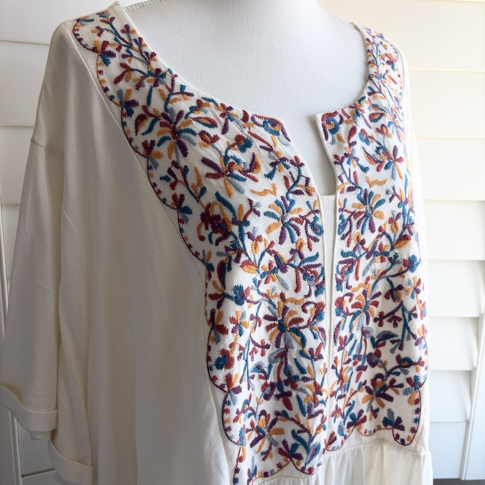 Woman Within 5X 38/40 Ivory Embroidered Floral Tunic Top Boho Cottagecore New